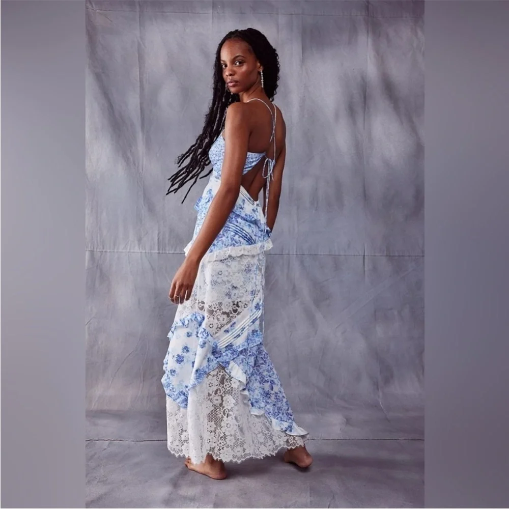 For Love & Lemons Rosalyn Maxi Dress Lace Patchwork Blue XS EUC - Picture 7 of 13